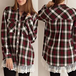 ENTRO Green Maroon Plaid Cotton Cream Floral Lace Textured Button Up Shirt Med